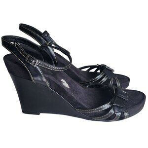 Aerosoles Black Strappy Platform Wedge Sandals Buckle Detail Adjustable Size 10